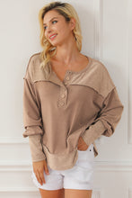 Load image into Gallery viewer, Dark Brown Exposed Seam Ribbed Thumbhole Sleeve Buttoned Sweatshirt
