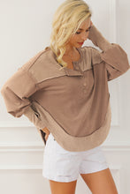 Load image into Gallery viewer, Dark Brown Exposed Seam Ribbed Thumbhole Sleeve Buttoned Sweatshirt
