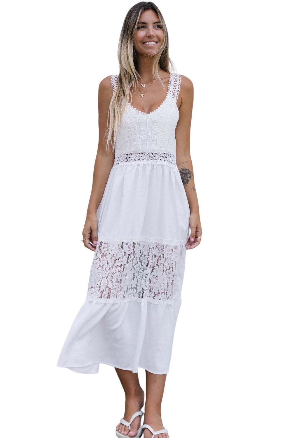 White Floral Lace Tiered Patchwork Sleeveless Dress