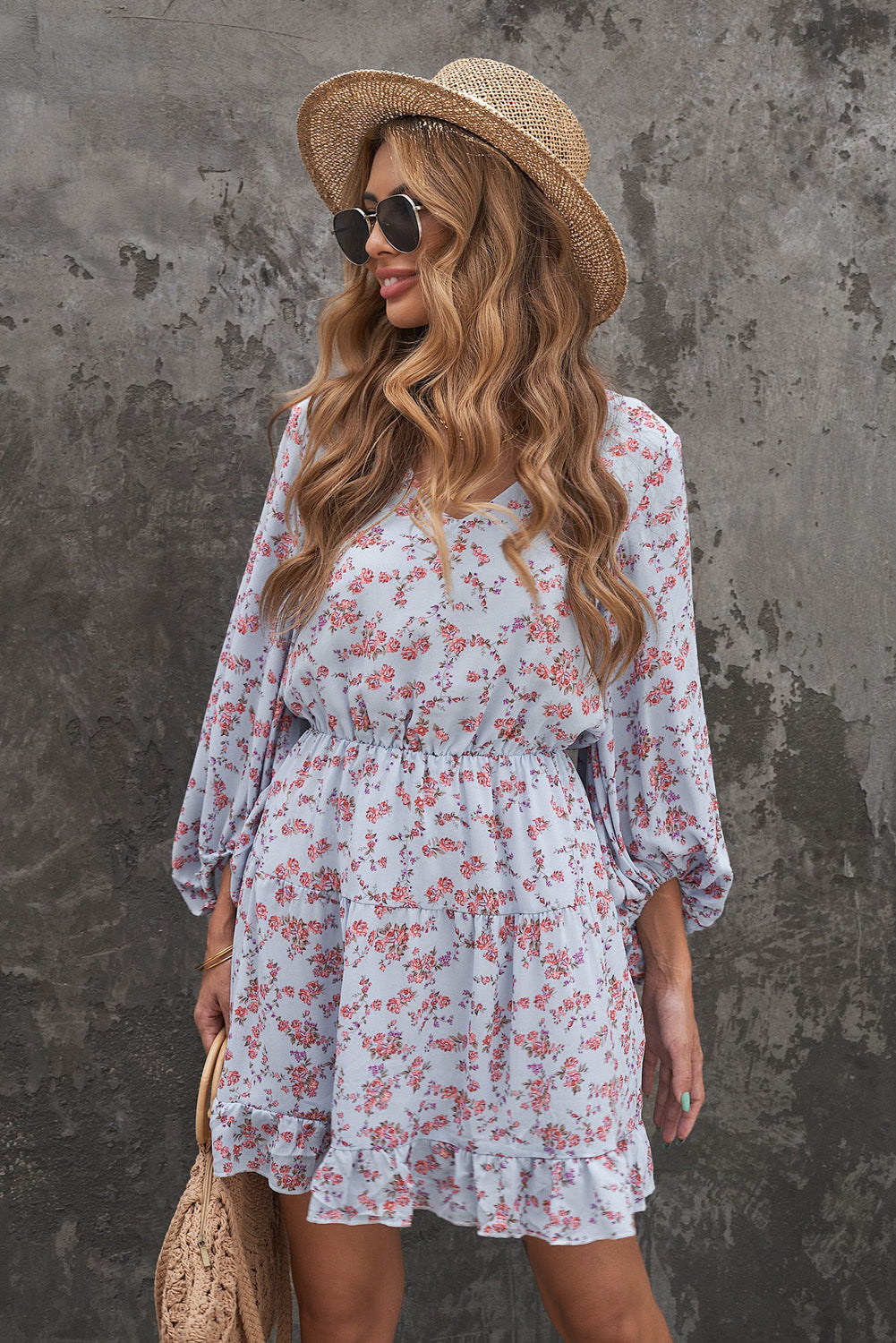 Floral V Neck Lantern Sleeves Tunic Dress