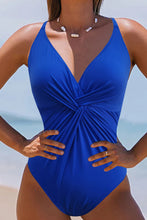 Load image into Gallery viewer, Dark Blue V Neck Twist Ruched Crisscross Backless One-Piece Swimsuit

