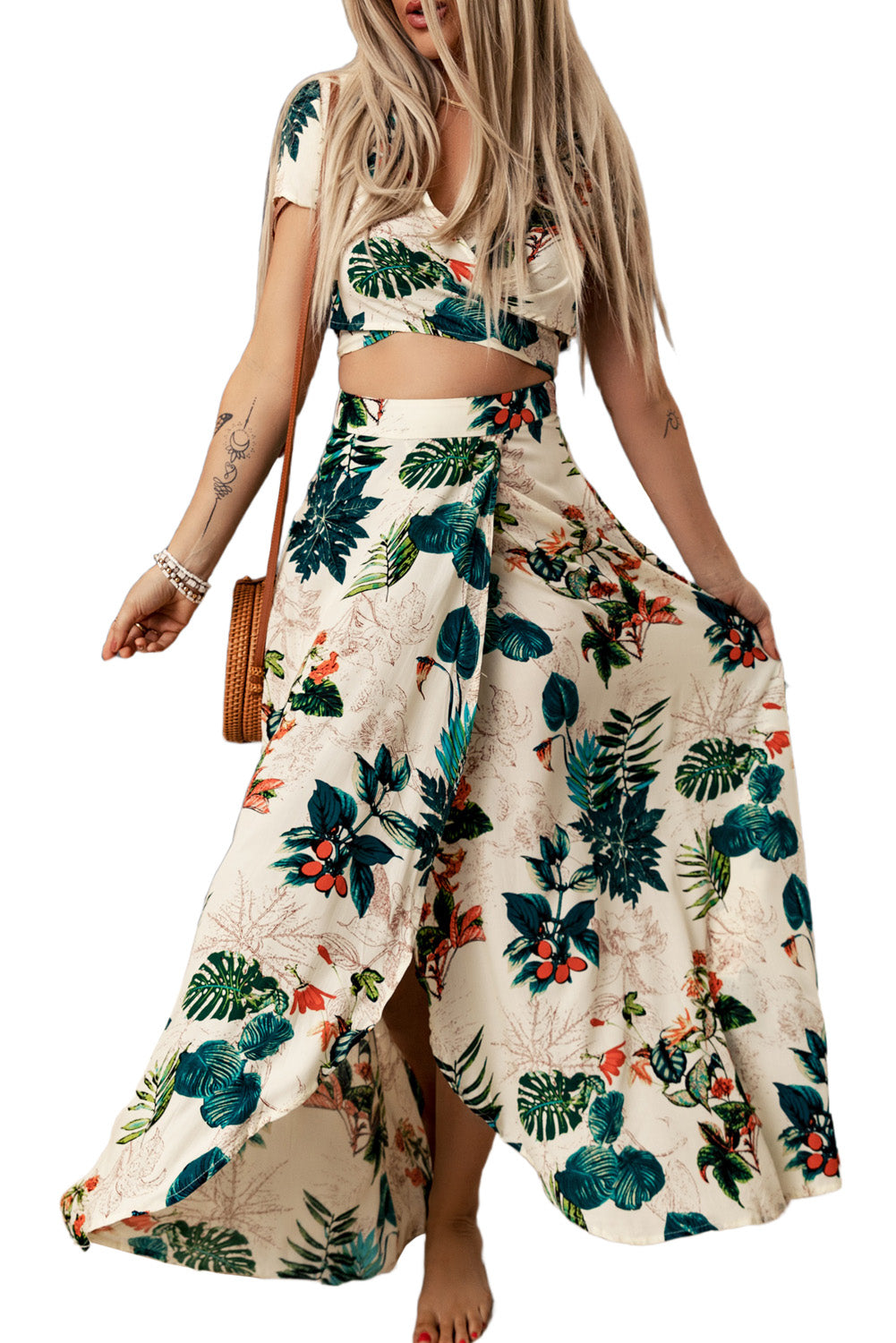 Apricot Tropical Print Crop Top and Maxi Skirt Set