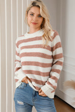 Load image into Gallery viewer, Brown Striped Round Neck Casual Sweater
