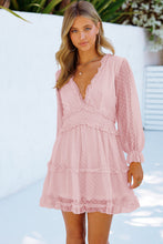 Load image into Gallery viewer, Pink Layered Ruffled Open Back Puff Sleeve Swiss Dot Mini Dress
