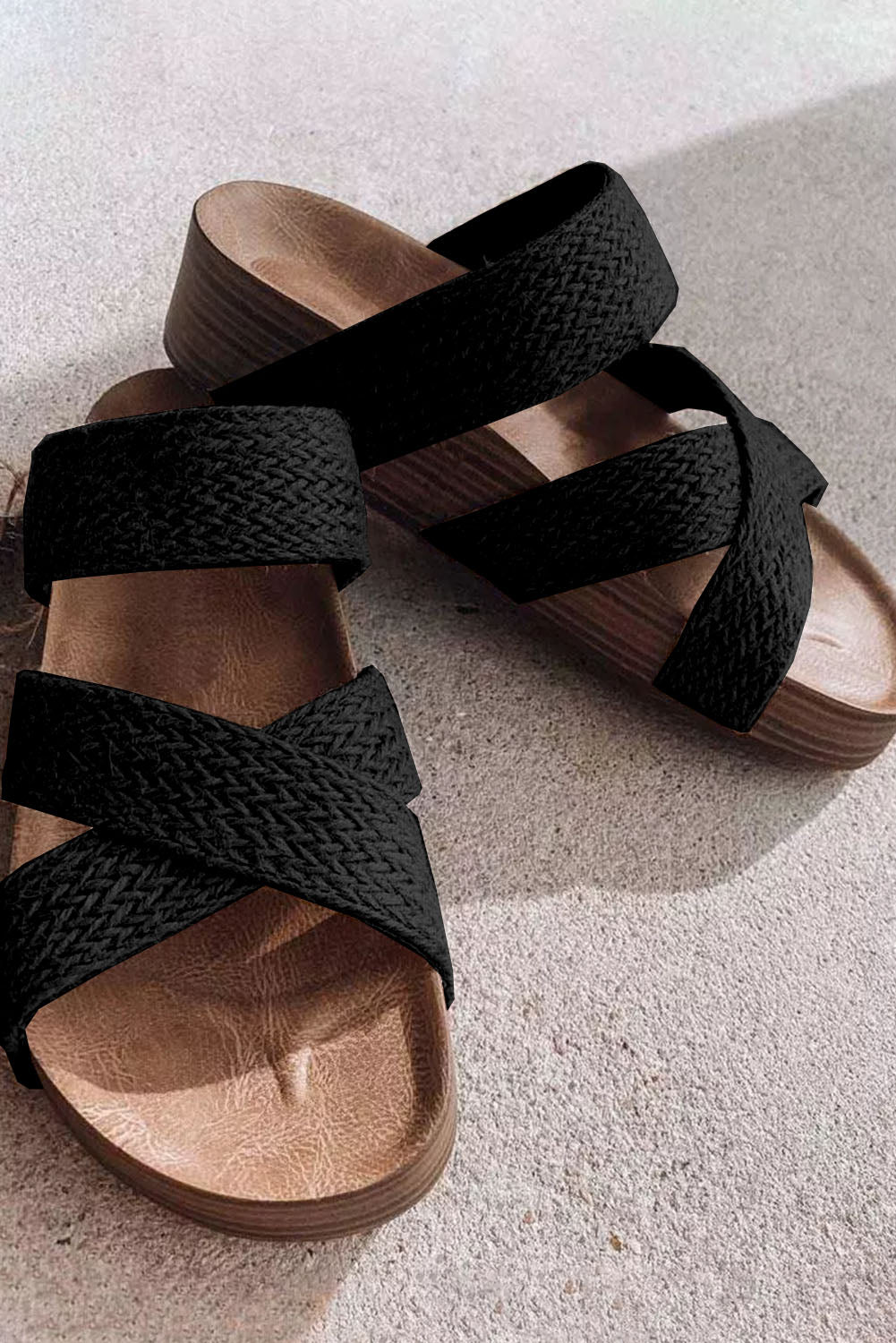 Black Woven Cross Criss Hollowed Slip-On Slippers