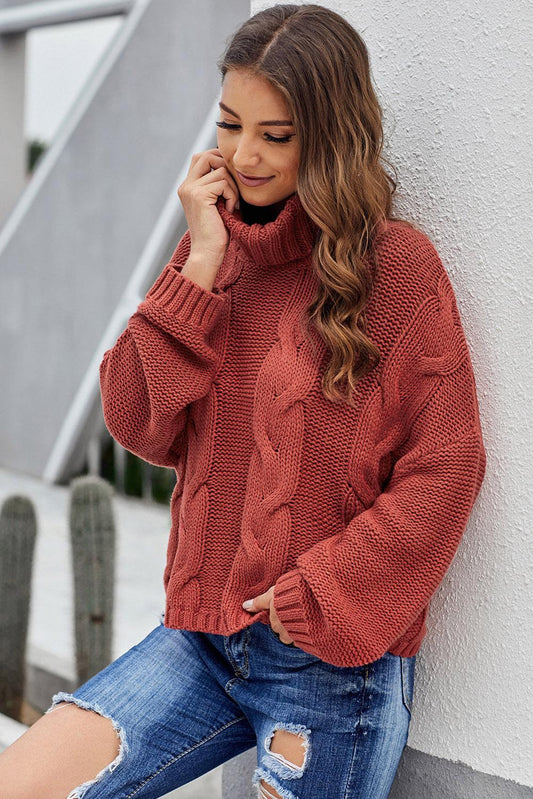 Red Cuddle Weather Cable Knit Handmade Turtleneck Sweater