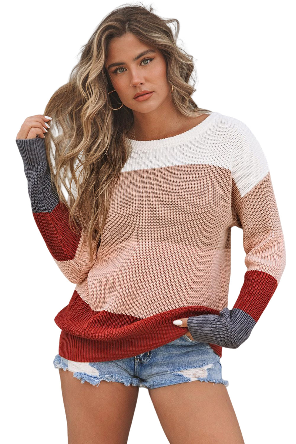 Khaki Color Block Knitted O-neck Pullover Sweater