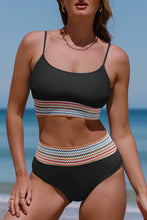 Load image into Gallery viewer, Black Striped Patchwork Spaghetti Strap High Waist Bikini Swimsuit
