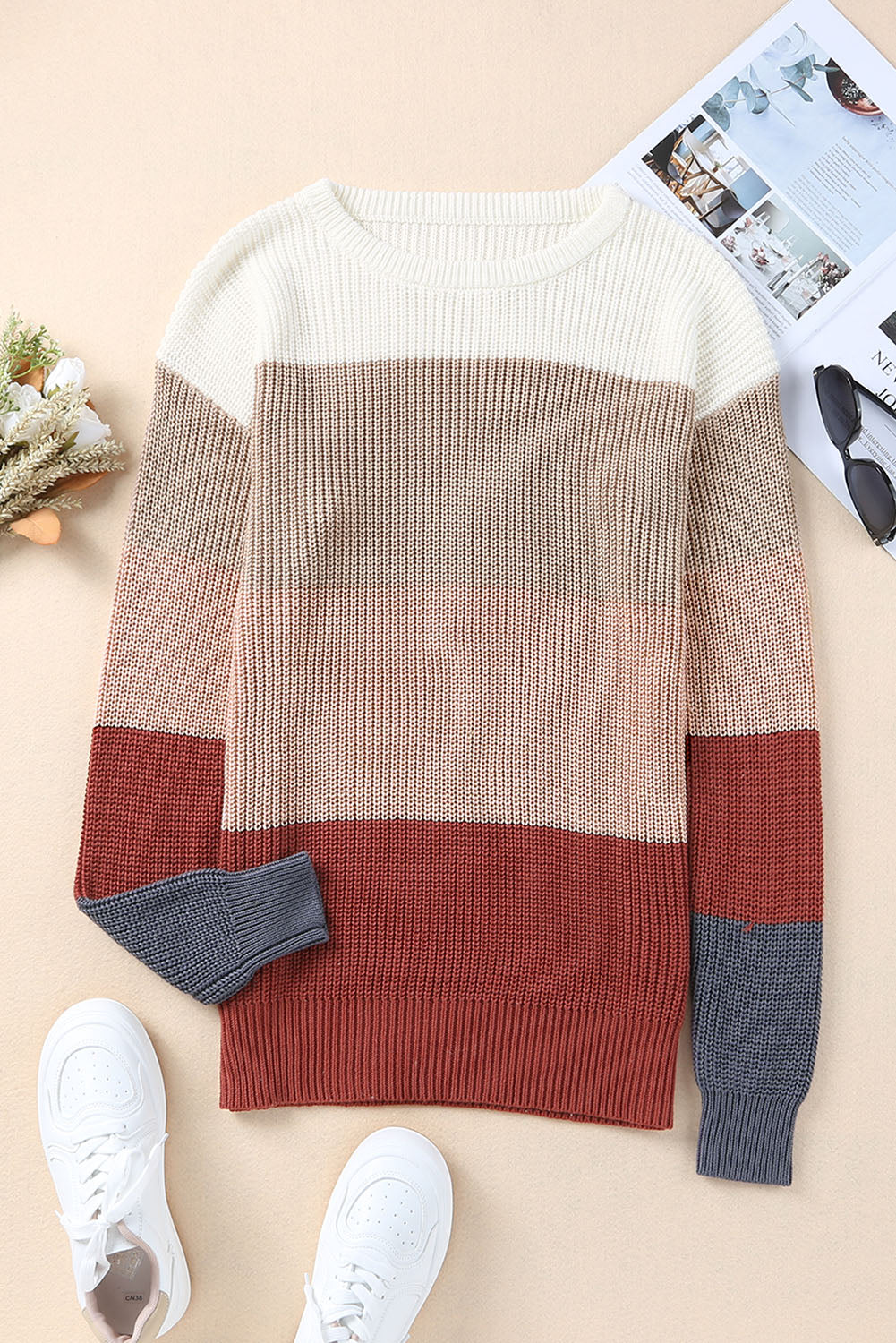 Khaki Color Block Knitted O-neck Pullover Sweater