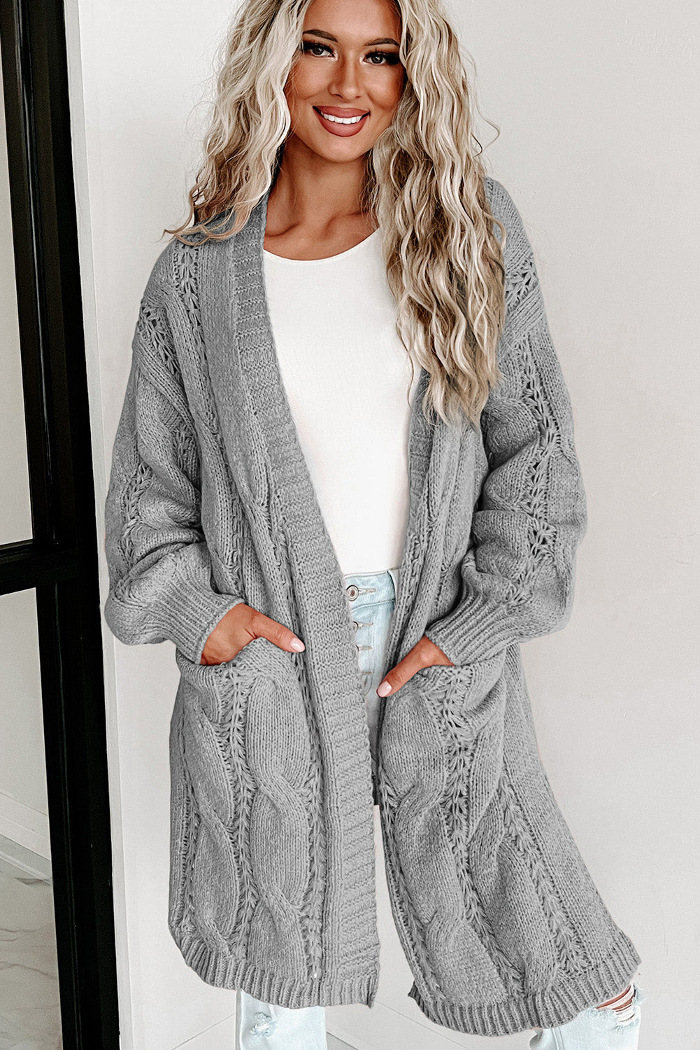 Gray Ribbed Trim Eyelet Cable Knit Cardigan