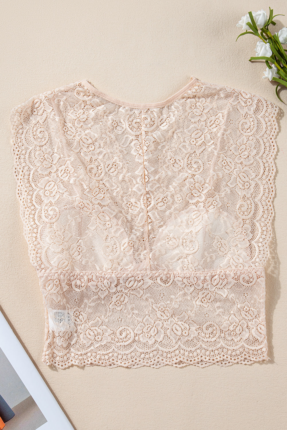 Apricot Deep V Neck Lace Sleeveless Crop Top