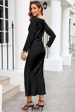 Load image into Gallery viewer, Black Drape Neck Tie Waist Long Sleeve Slit Dress
