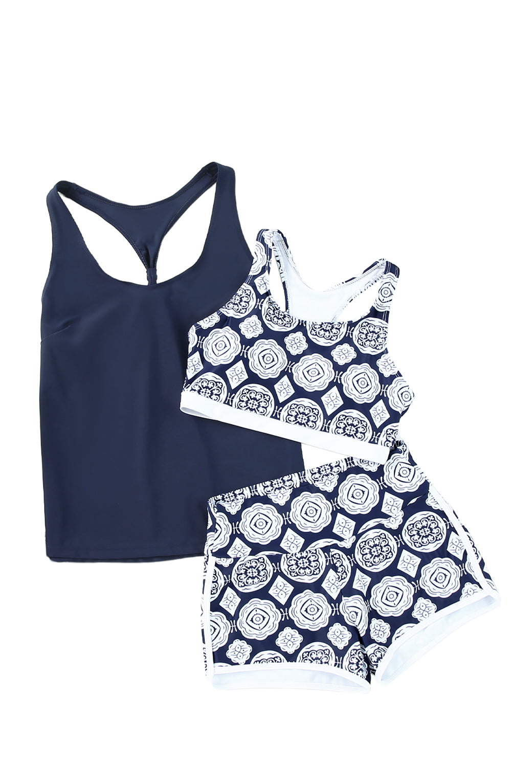 Blue 3pcs Printed Sporty Racerback Tankini Swimsuit