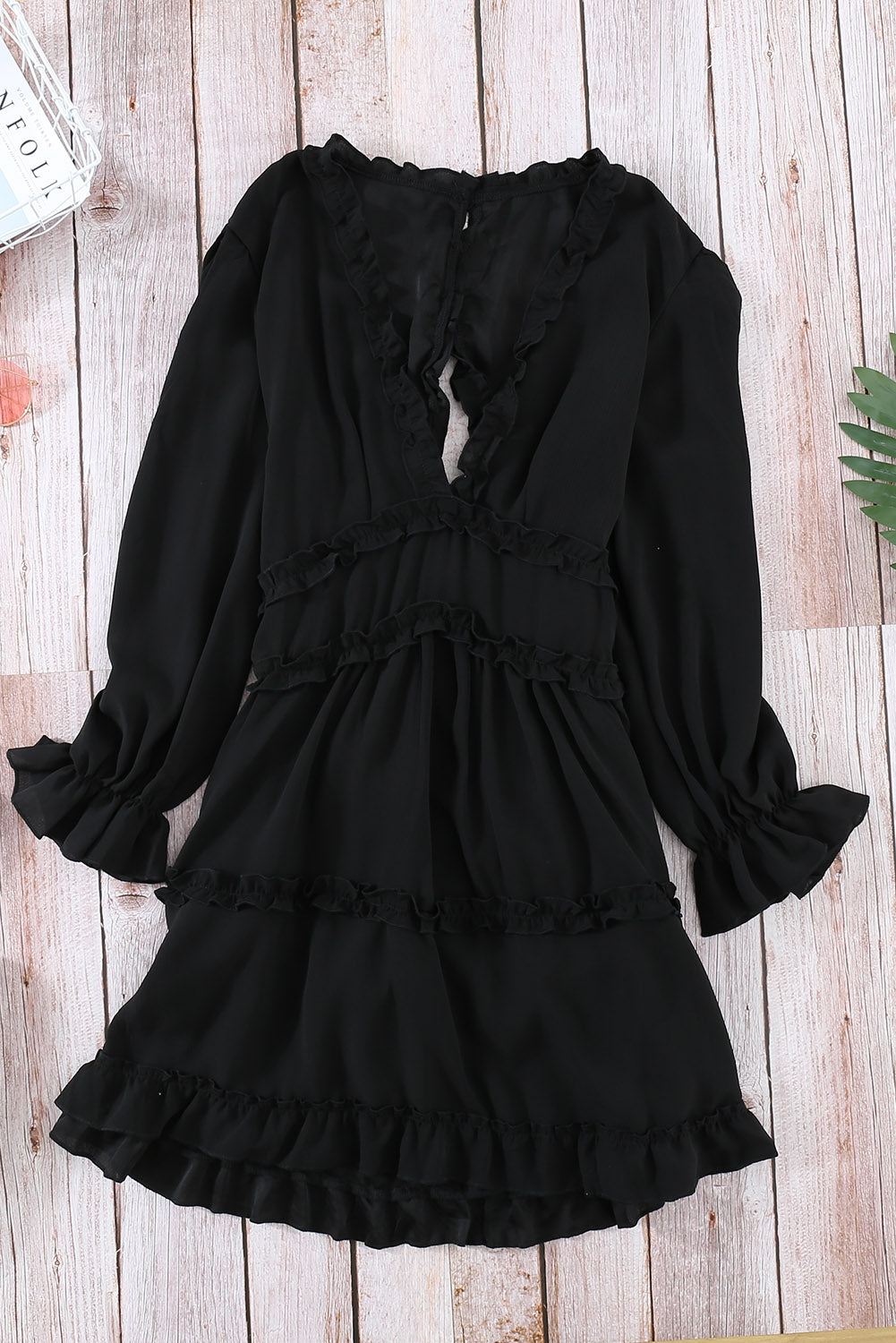 Black V Neck Ruffle Detailing Open Back Dress