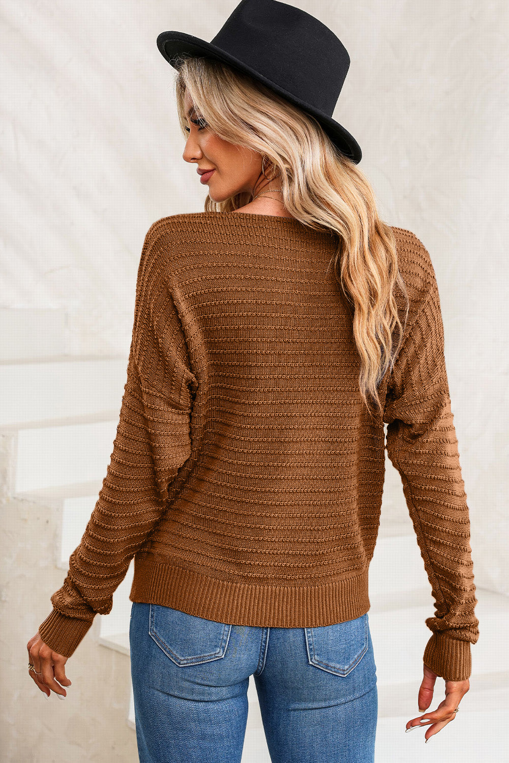 Brown Textured Knit Round Neck Dolman Sleeve Sweater