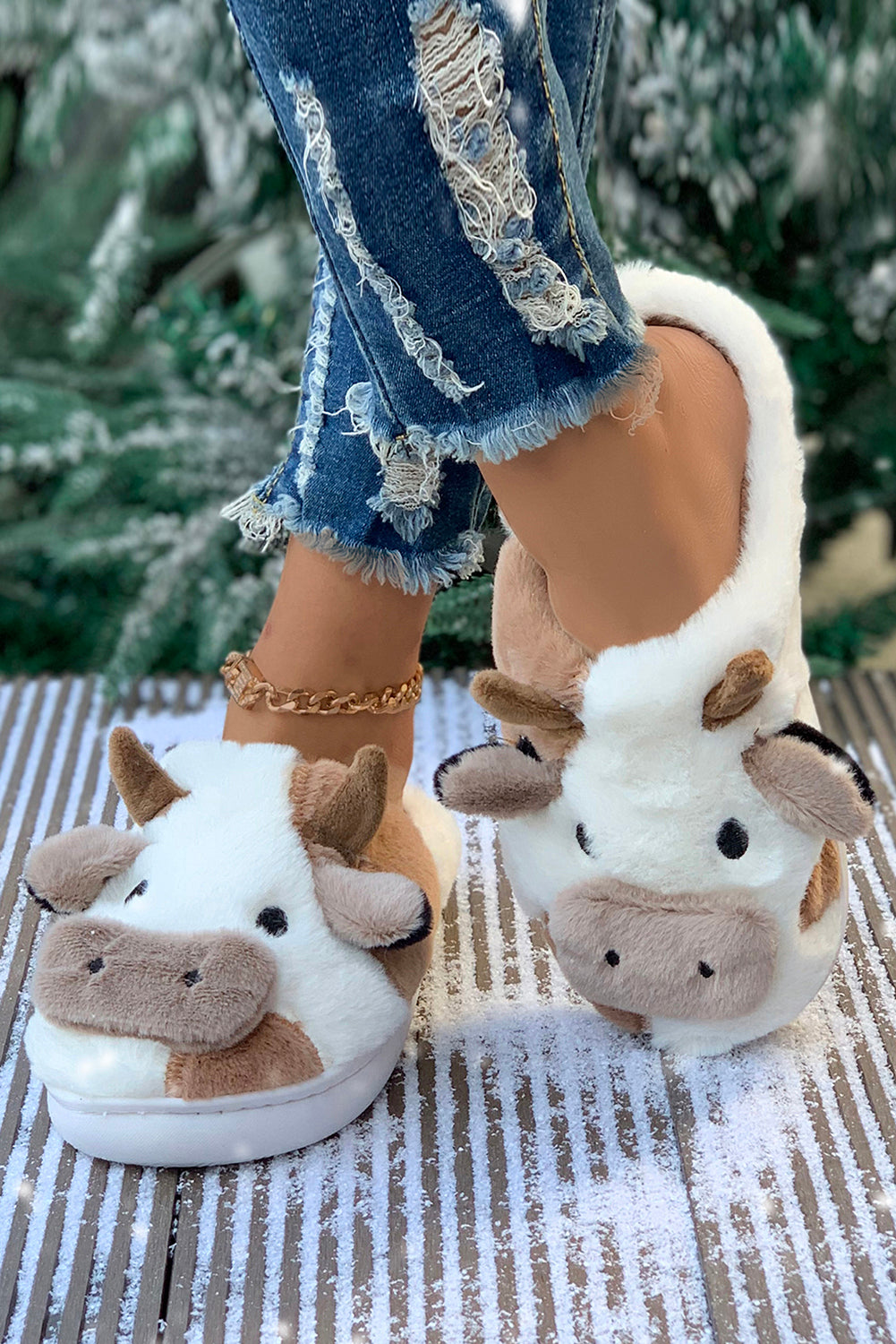 Camel Cartoon Cow Pattern Plush Lined Slippers