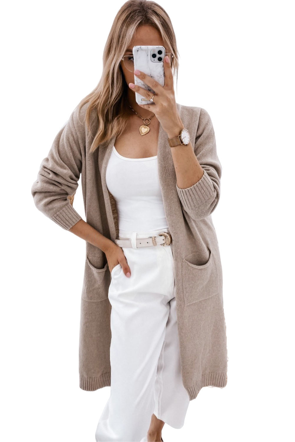 Ribbed Trim Pockets Open Front Midi Cardigan