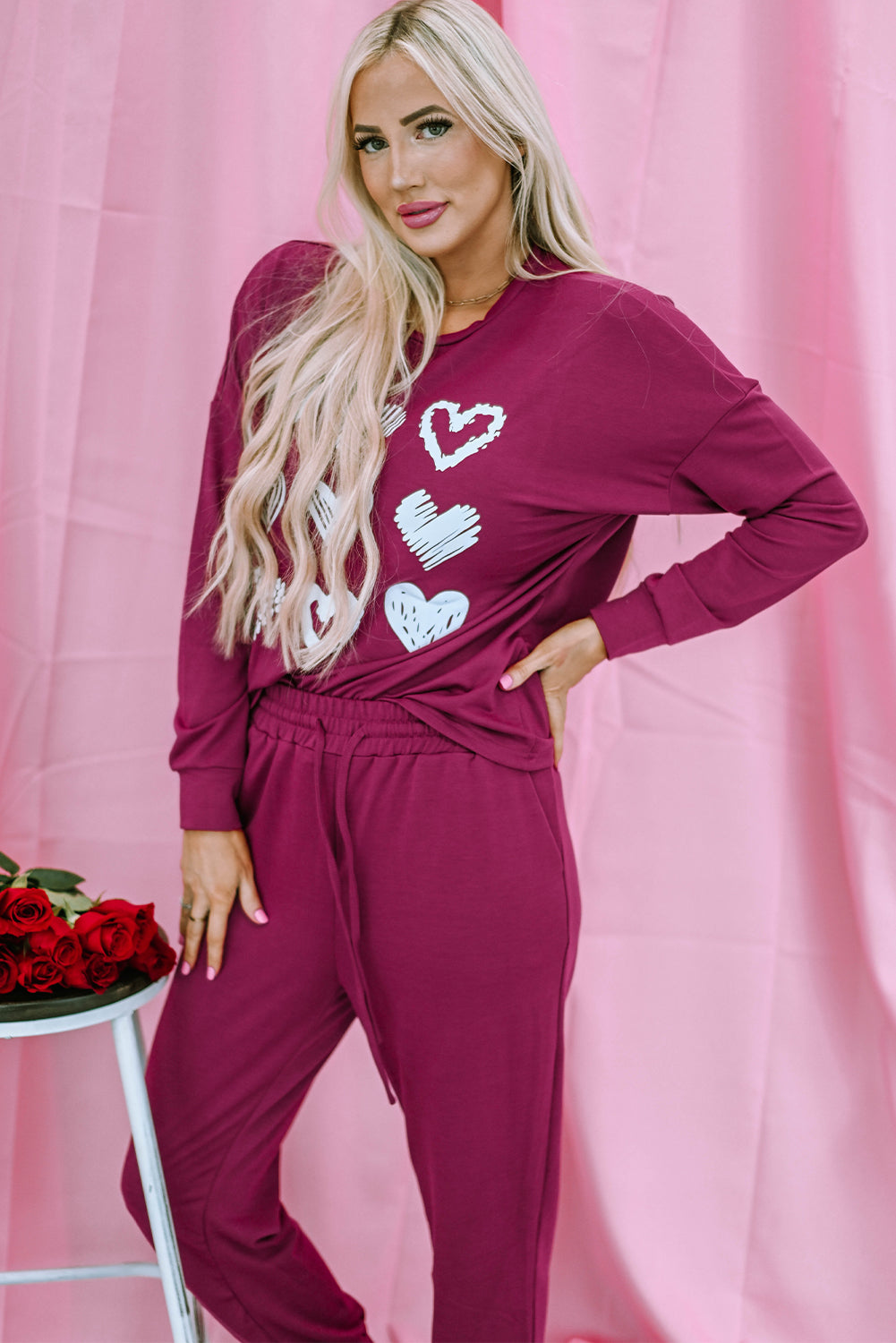 Red Heart Graphic Pullover and Drawstring Pants Lounge Set