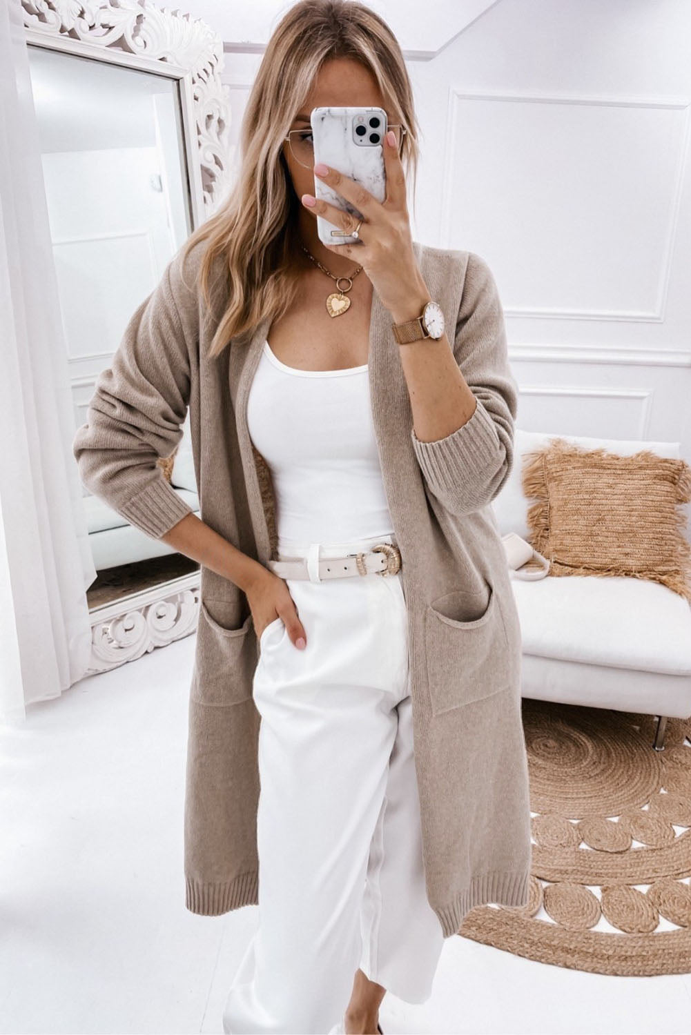 Ribbed Trim Pockets Open Front Midi Cardigan