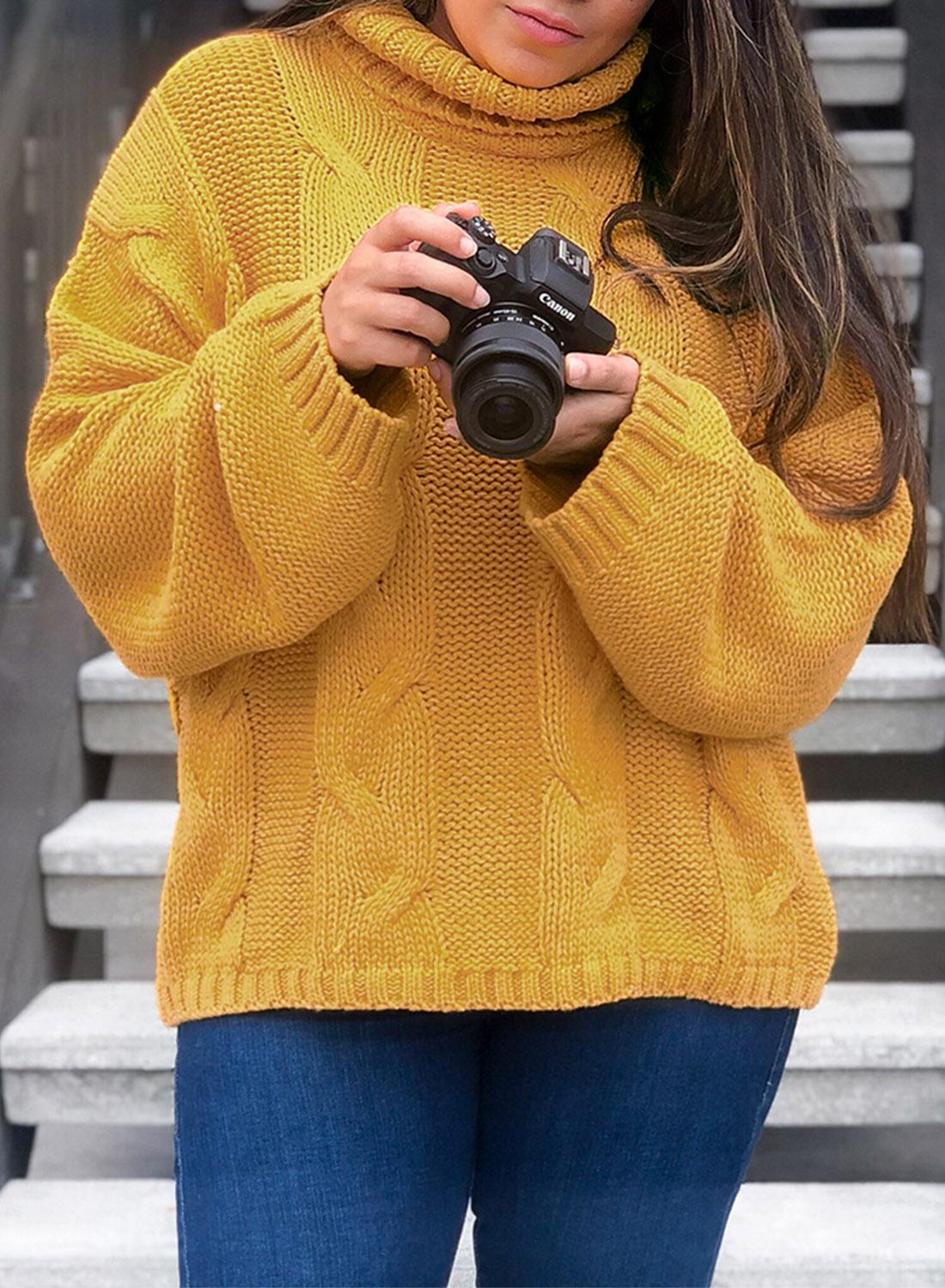 Yellow Cuddle Weather Cable Knit Handmade Turtleneck Sweater