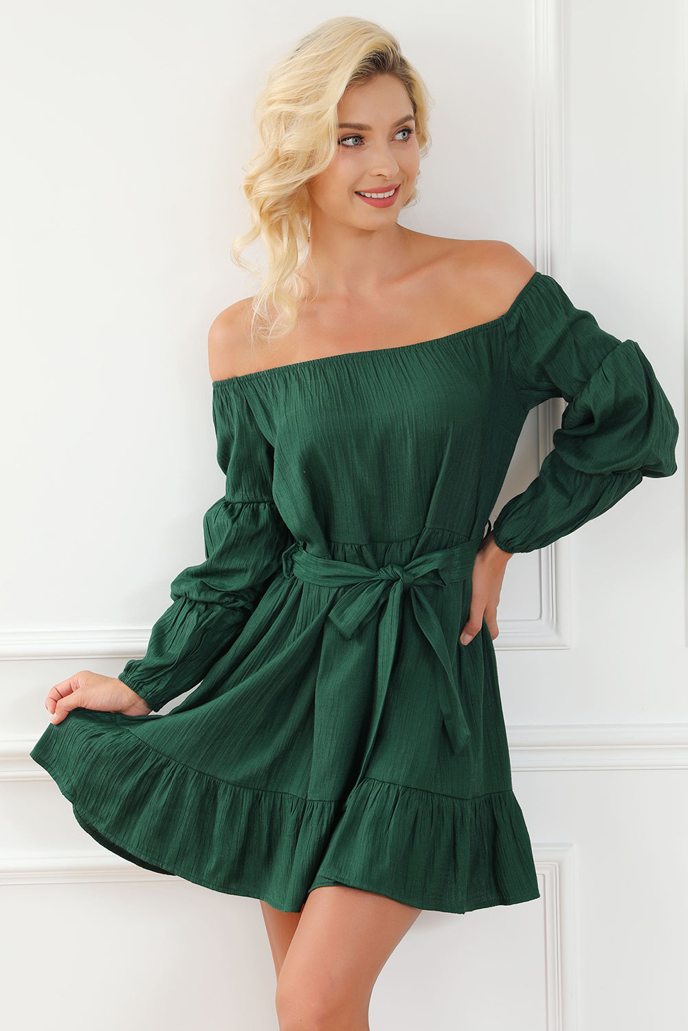 Green Off-Shoulder Tiered Bubble Sleeve Ruffled Dress