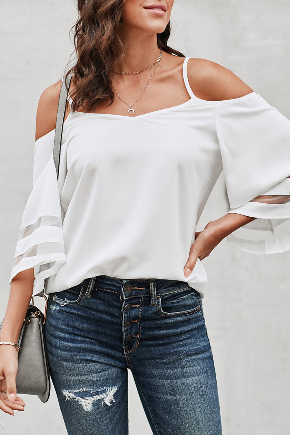 White Spaghetti Straps Cold Shoulder Mesh Insert Bell Sleeve Blouse