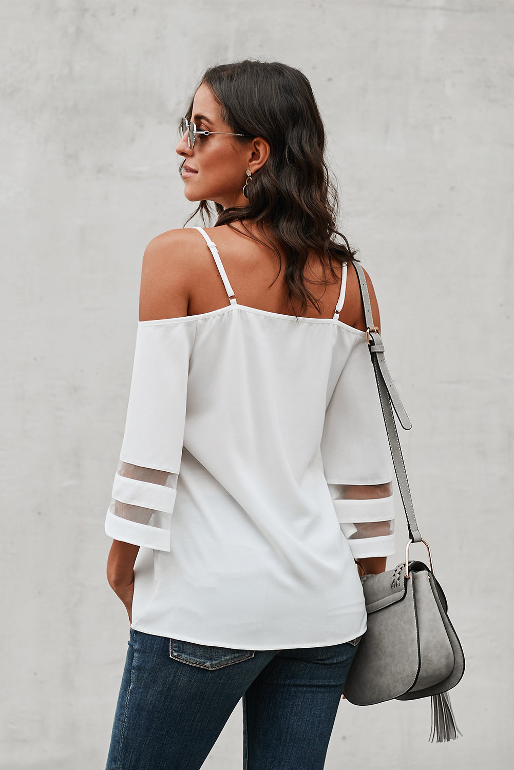 White Spaghetti Straps Cold Shoulder Mesh Insert Bell Sleeve Blouse