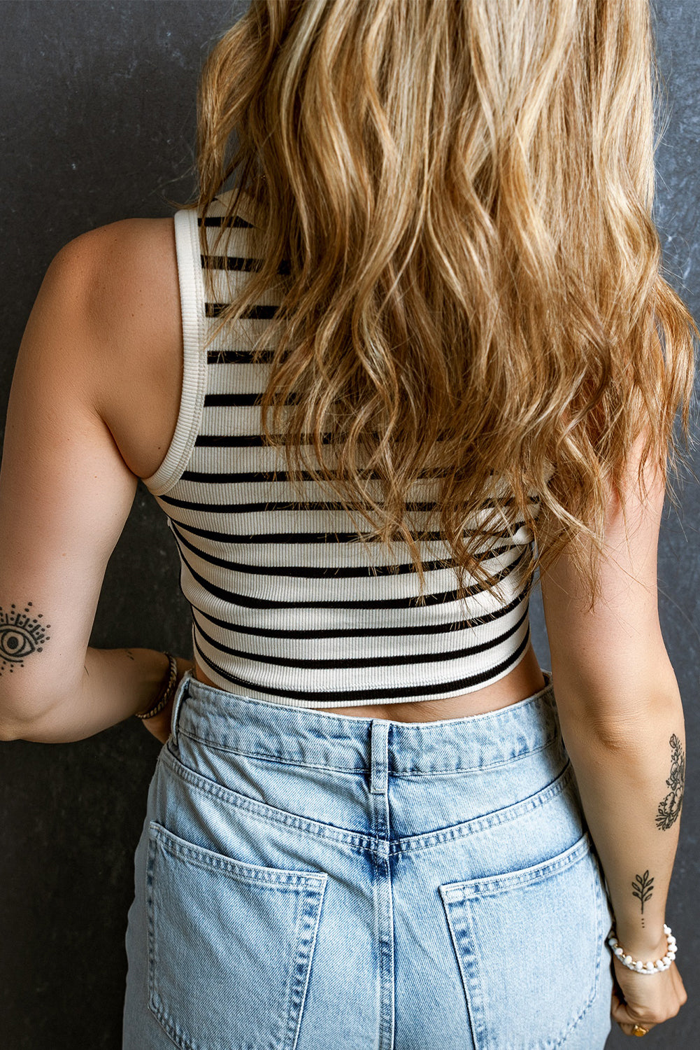 Apricot Stripe Round Neck Cropped Slim Tank Top