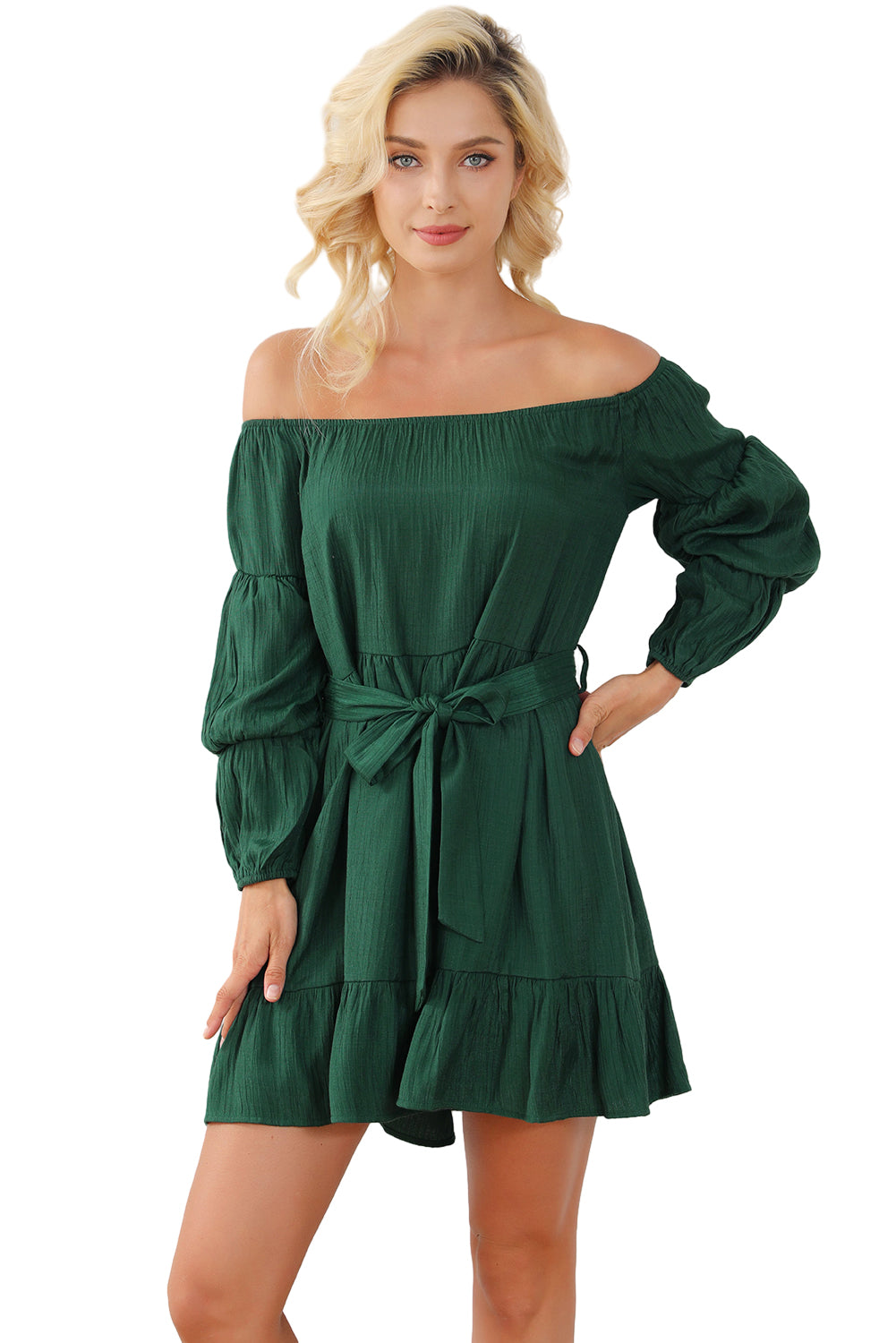 Green Off-Shoulder Tiered Bubble Sleeve Ruffled Dress