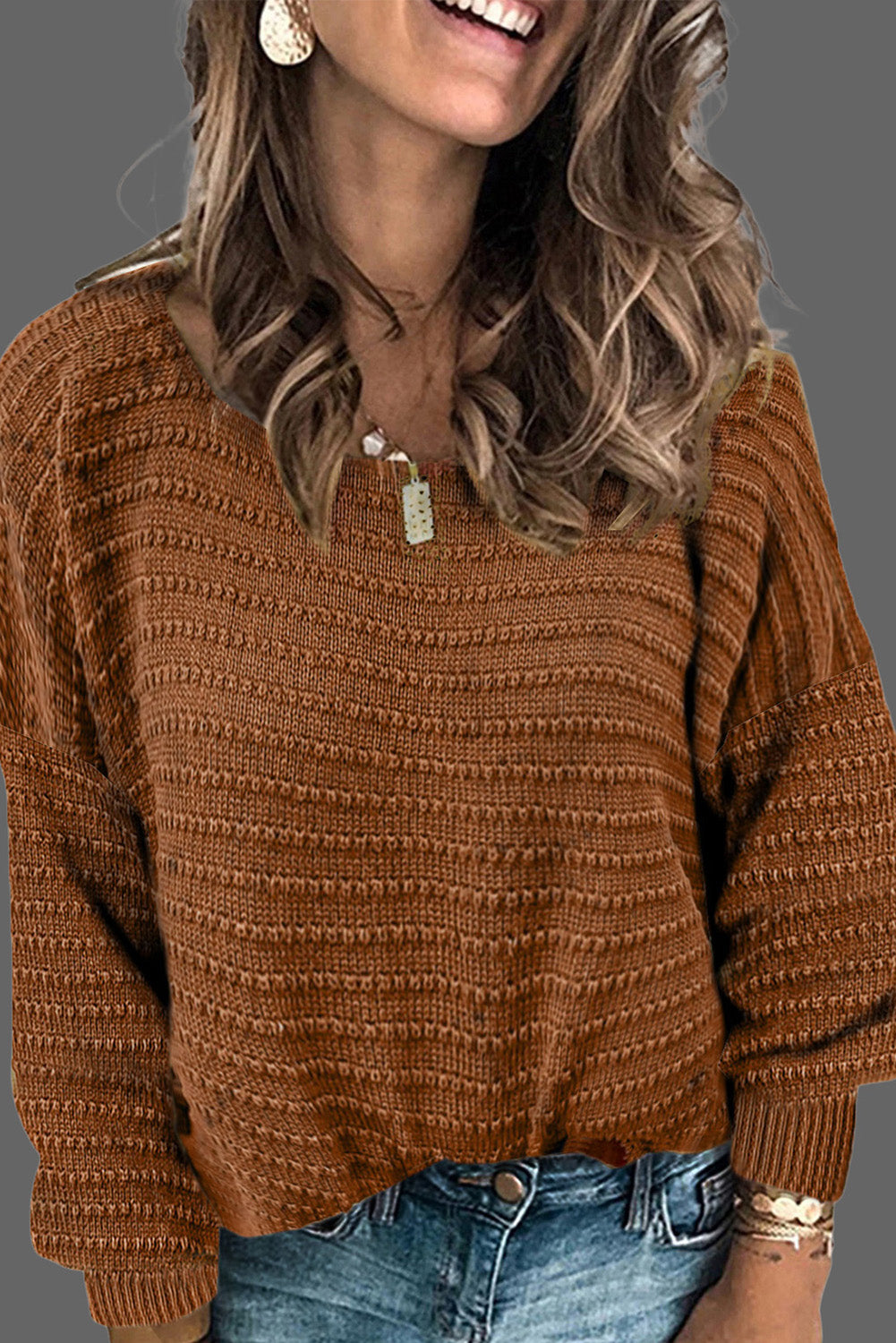 Brown Textured Knit Round Neck Dolman Sleeve Sweater