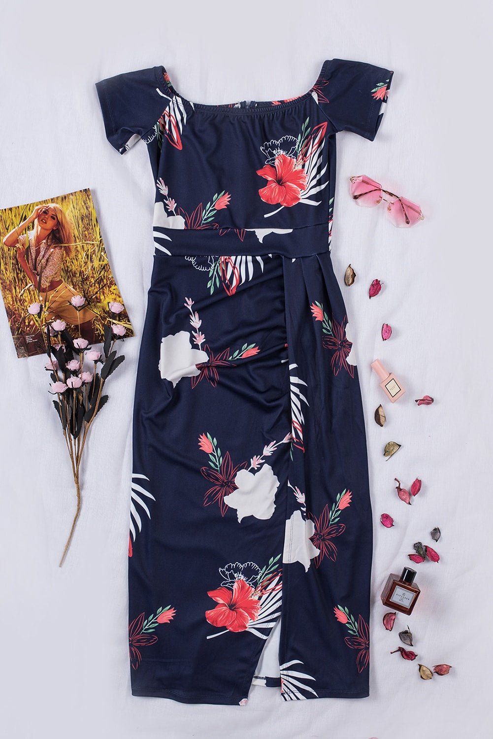 Fiery Red Floral Print Short Sleeve Off Shoulder Dress