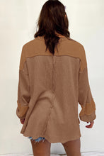 Load image into Gallery viewer, Dark Brown Exposed Seam Patchwork Bubble Sleeve Waffle Knit Top
