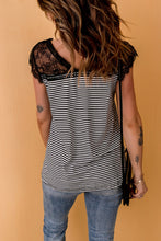 Load image into Gallery viewer, and White Striped Shirt Lace Trim V Neck T Shirt
