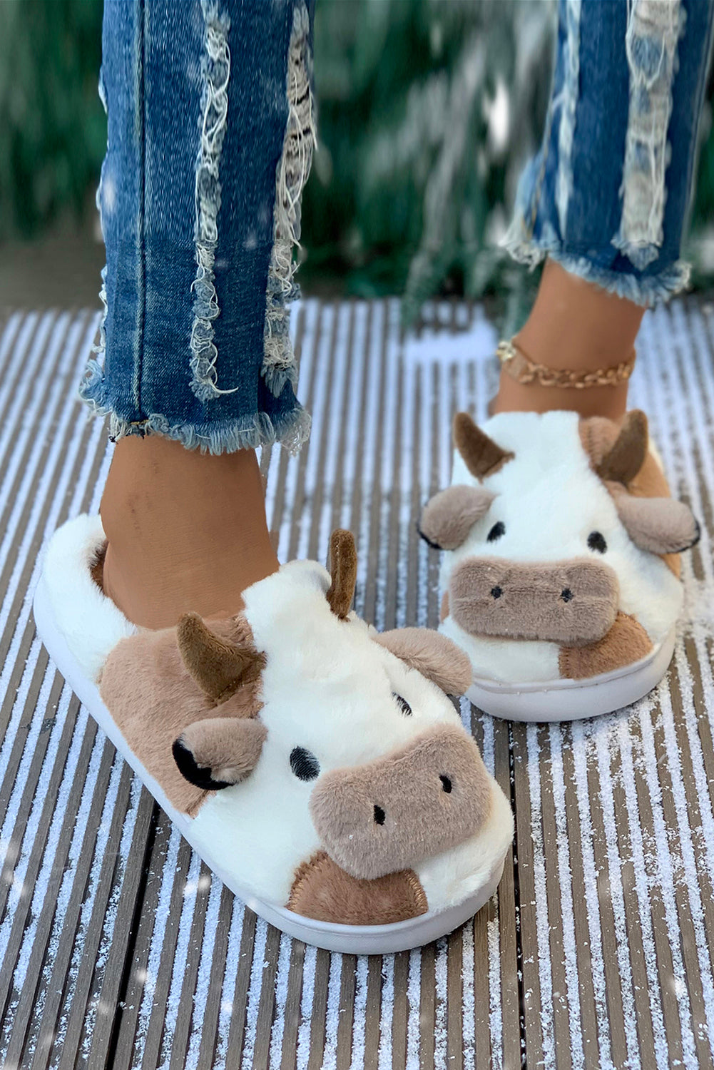 Camel Cartoon Cow Pattern Plush Lined Slippers