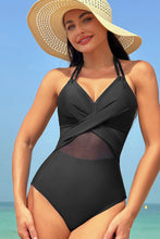 Load image into Gallery viewer, Black Halter Mesh Insert Cross Front One-Piece Swimsuit
