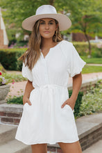 Load image into Gallery viewer, White Puff Sleeve Drawstring Shirt Dress with Pockets
