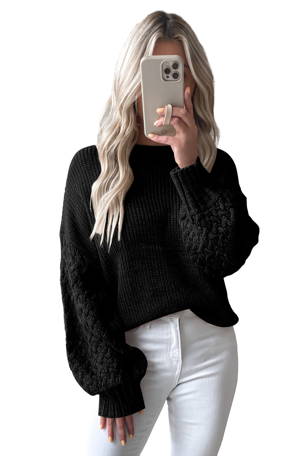 Black Cable Knit Sleeve Drop Shoulder Sweater