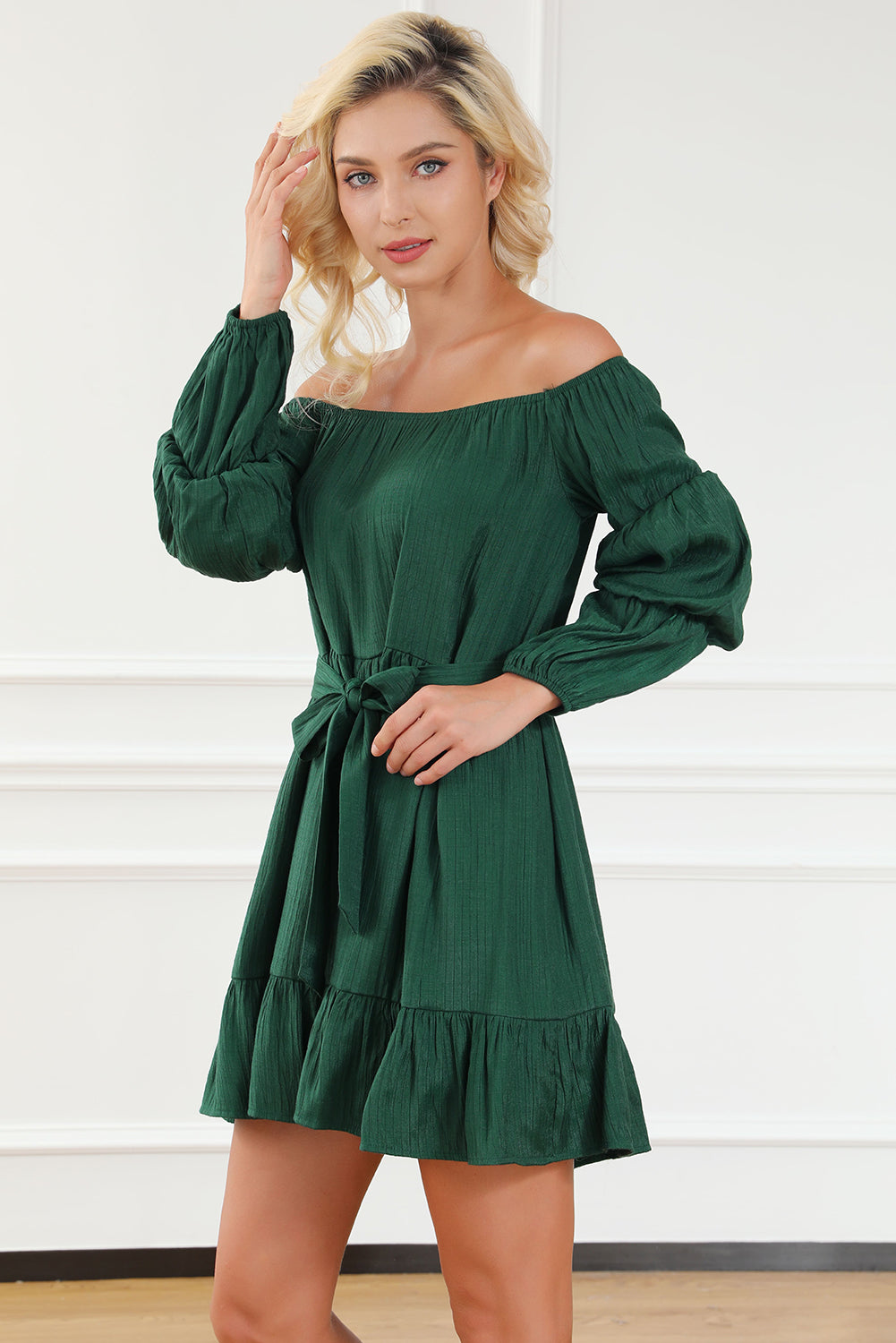 Green Off-Shoulder Tiered Bubble Sleeve Ruffled Dress