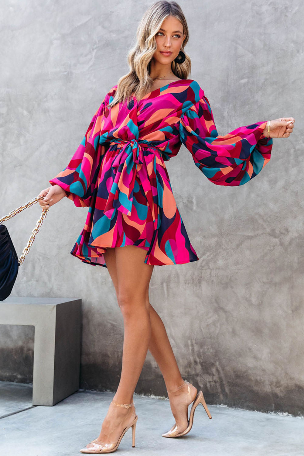 Fiery Red Abstract Printed Belted Puff Sleeve Mini Dress