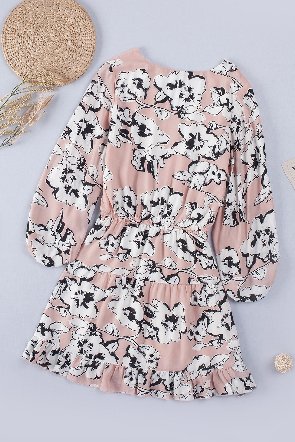 Floral V Neck Lantern Sleeves Tunic Dress