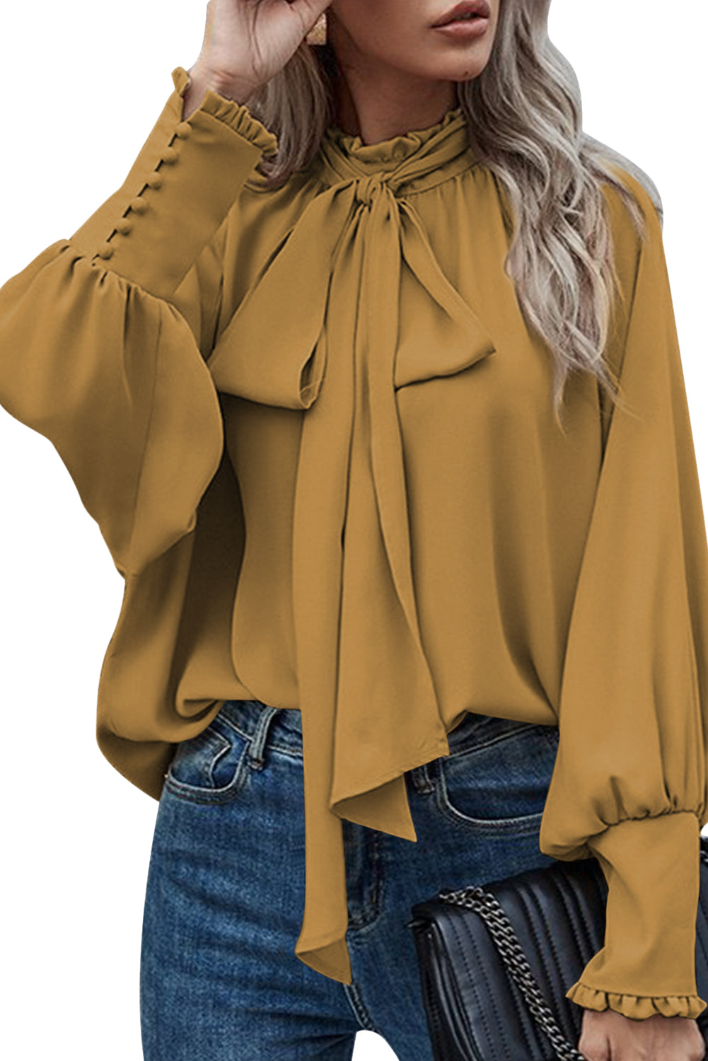 Mustard Frilled Knotted Mock Neck Bishop Sleeve Blouse