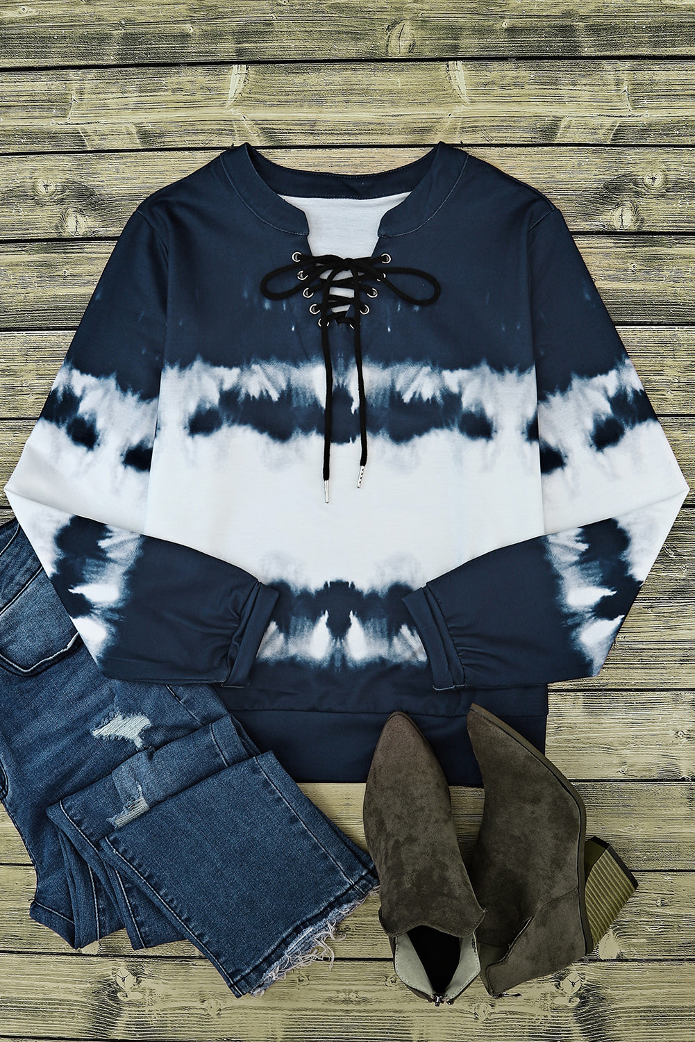 Blue Tie Dye Lace Up V-Neck Long Sleeve Top