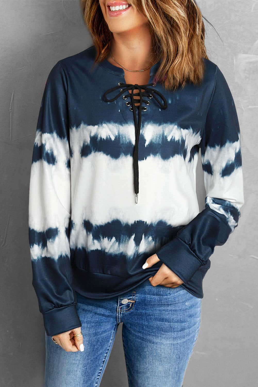 Blue Tie Dye Lace Up V-Neck Long Sleeve Top