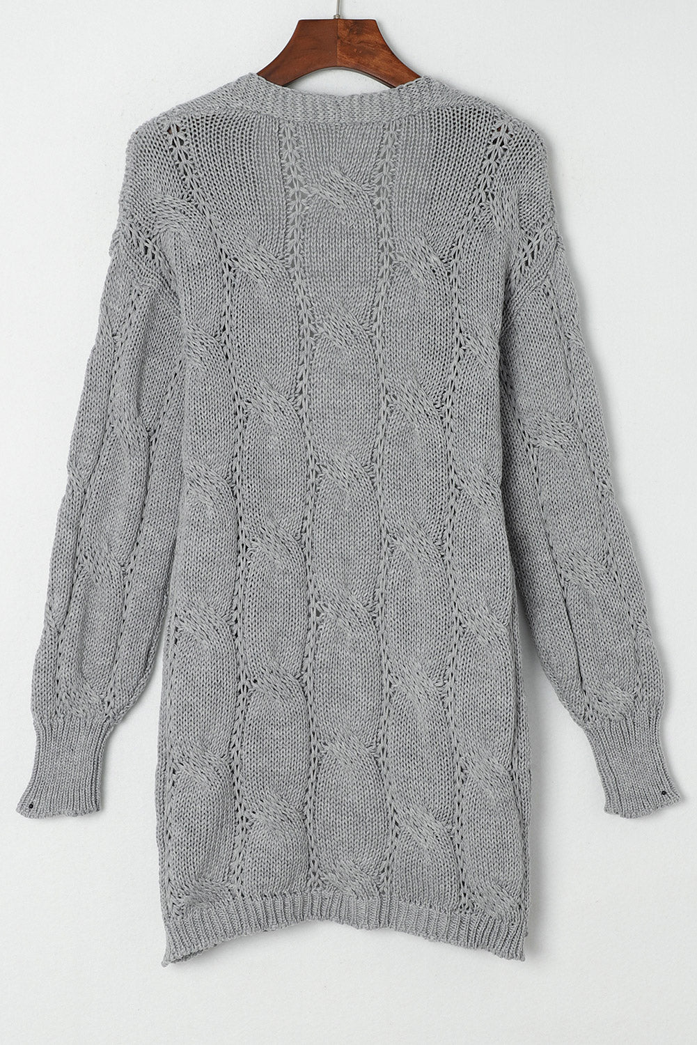 Gray Ribbed Trim Eyelet Cable Knit Cardigan