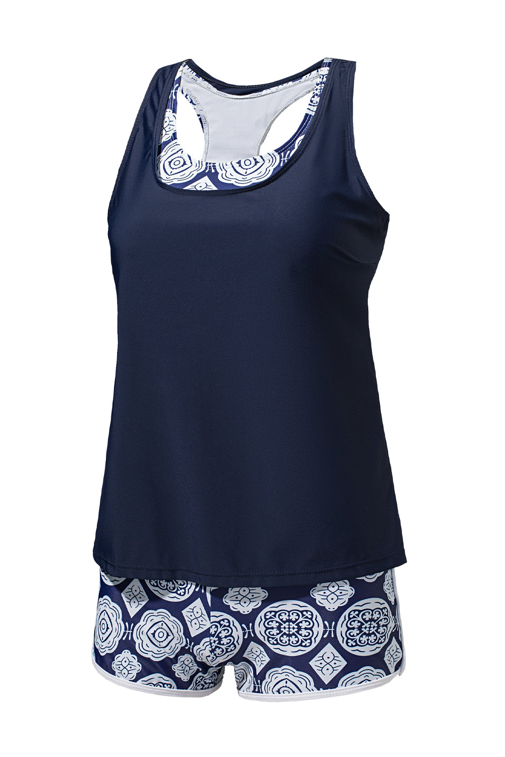 Blue 3pcs Printed Sporty Racerback Tankini Swimsuit