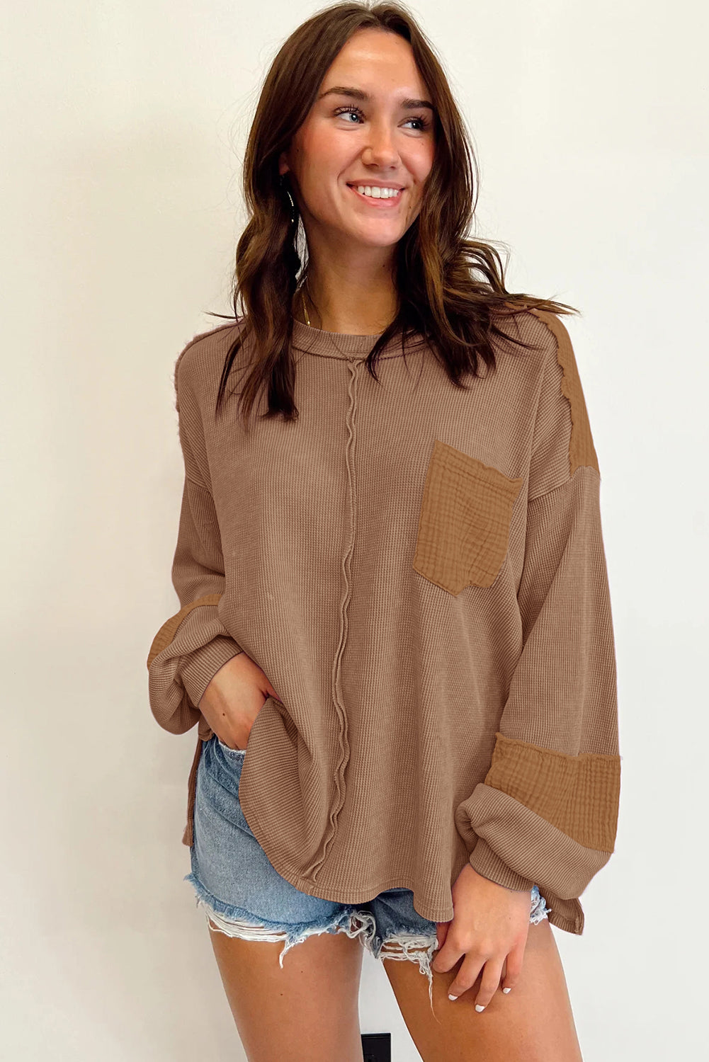 Dark Brown Exposed Seam Patchwork Bubble Sleeve Waffle Knit Top