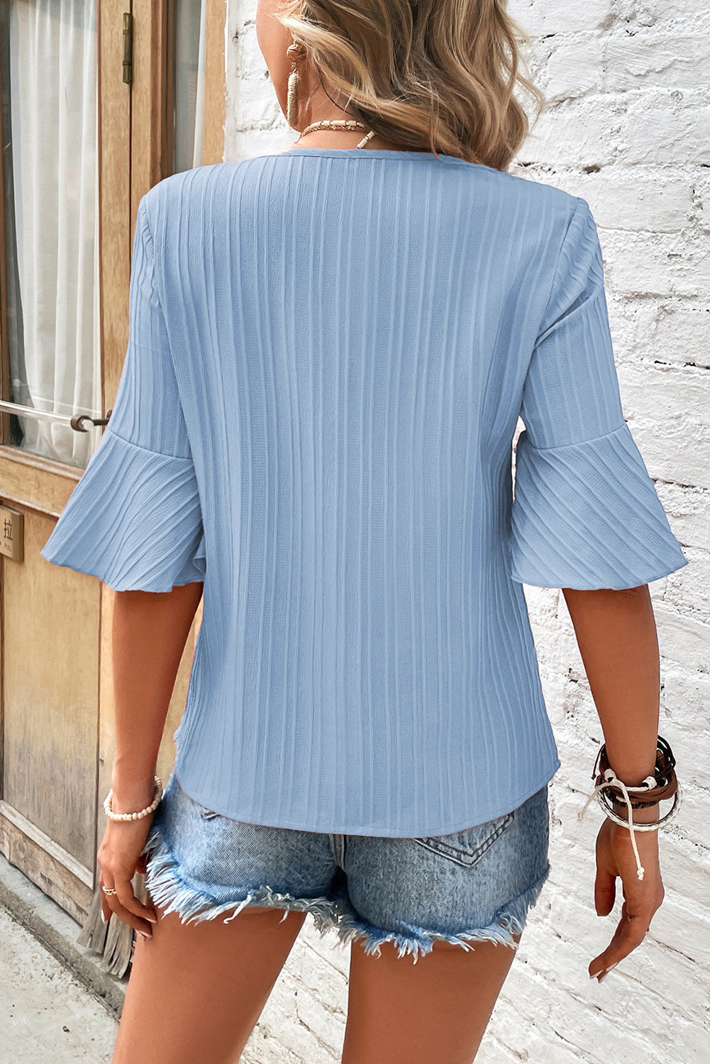 Beau Blue Ruffled Half Sleeve V Neck Textured Top