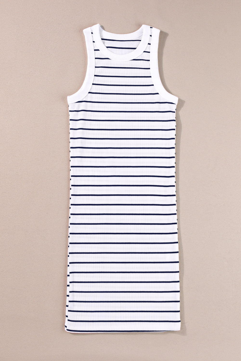 White Stripe Ribbed Knit Tank Mini Dress