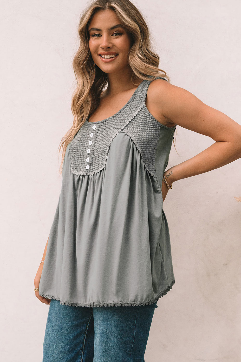 Waffle Knit Panel Babydoll Sleeveless Top