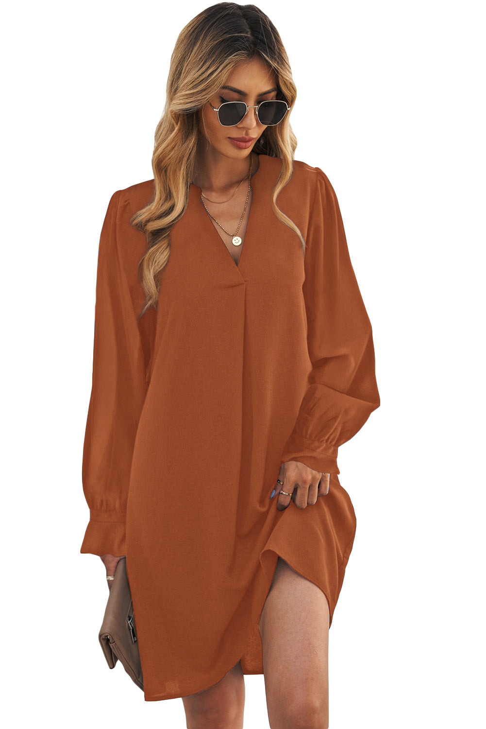 Split V Neck Ruffled Sleeves Shirt Dress